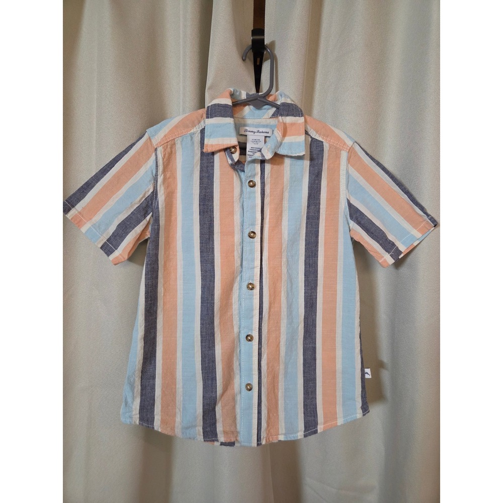 Tommy Bahama Boys Medium 7/8 Striped Cotton Short Sleeve Button Down Shirt Blue